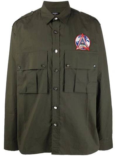 Balmain Patch-detail Long-sleeve Shirt In Grün