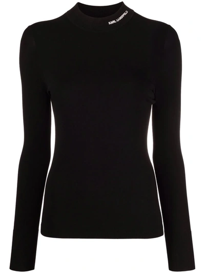Karl Lagerfeld Logo-embroidered Textured Long-sleeved Top In Black