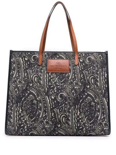 Etro Logo-patch Paisley-embroidered Tote Bag In Blau