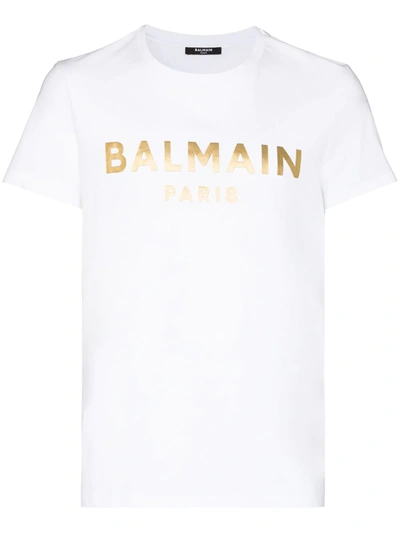 Balmain Cotton T-shirt With Laminated Logo Print In White