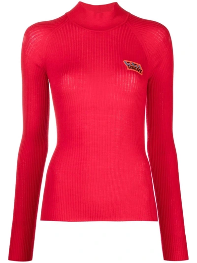 Versace Logo-patch Ribbed-knit Top In Rot