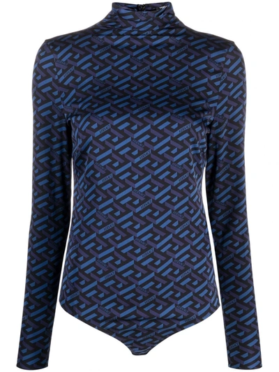 Versace Womens Blue Navy Black Turtleneck Logo-print Silk-blend Bodysuit 8 In Blue Navy & Nero