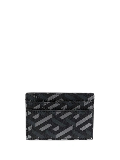 Versace La Greca Signature Coated Canvas Card Holder In Black