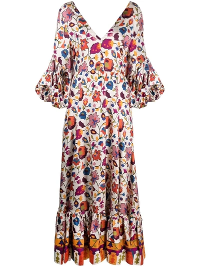 La Doublej Bella Ruffled Floral-print Silk-twill Maxi Dress In White