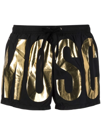 Moschino Metallic Logo-print Swim Shorts In Schwarz