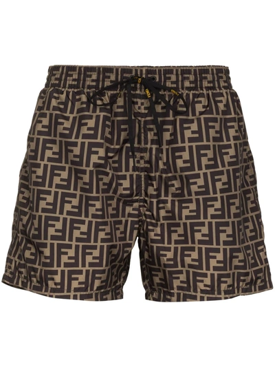 Fendi Tech Fabric With All-over Ff Pattern Swim Shorts In Brown
