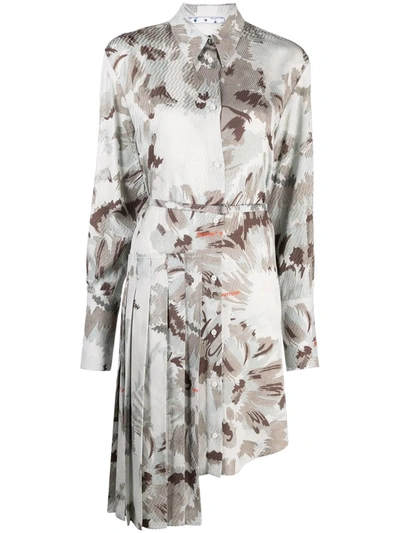 Off-white Floral Print Pleated Panel Satin Shirtdress In Grey