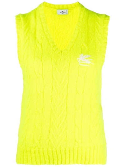 Etro Embroidered-logo Cable-knit Waistcoat In Yellow
