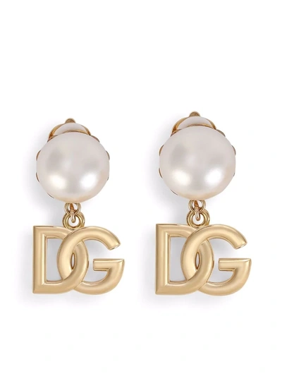 Dolce & Gabbana Clip-on Earrings With Pearls And Dg Logo Pendants In Gold