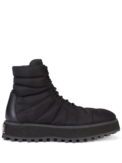 Dolce & Gabbana Quilted Nylon Ankle Boots With Branded Plate In Black