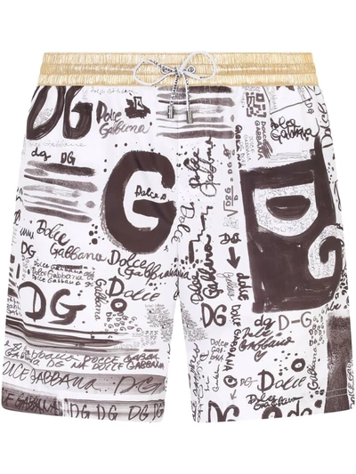 Dolce & Gabbana Doodle Logo-print Contrast-trim Swim Shorts In Schwarz