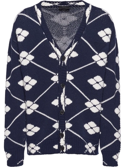 Prada Floral-jacquard Button-front Cardigan In Navy Bianco