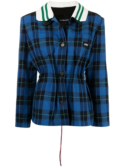 Pushbutton Patchwork Check-print Jacket In Blau