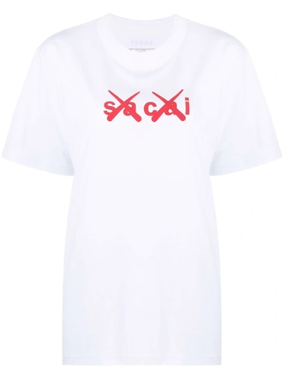 Sacai X Kaws Flock Logo T-shirt In White X Red