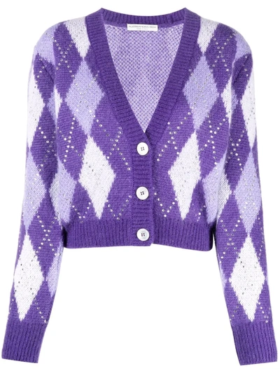 Alessandra Rich Argyle Wool Cropped Cardigan With Hotfix Crystals In Purple