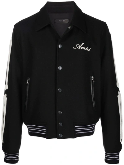 Amiri Twill Wool Bones Bomber Jacket With Patches In Black