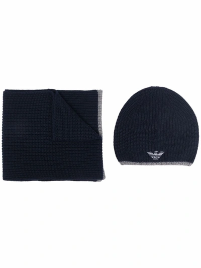 Emporio Armani Hat And Scarf Set With Embroidered Eagle In Blue