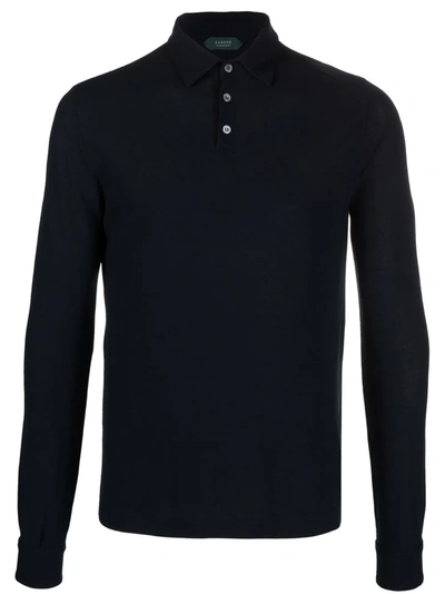 Zanone Long Sleeve Polo Shirt In Blue In Black