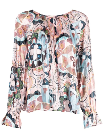 See By Chloé Pintucked Printed Metallic Satin And Chiffon Blouse In Multicolor Pink