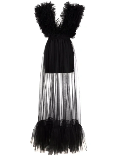 Alchemy X Lia Aram Plunge-neck Tulle Floor Length Dress In Black