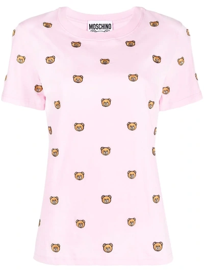 Moschino Embroidered Teddy Cotton Jersey T-shirt In Pink
