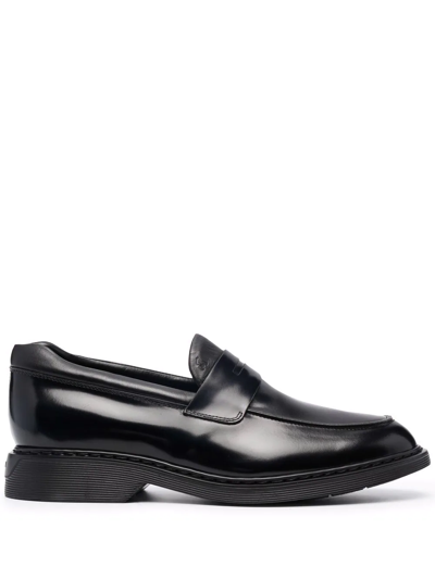 Hogan Round Toe Rubber Sole Loafers In Black