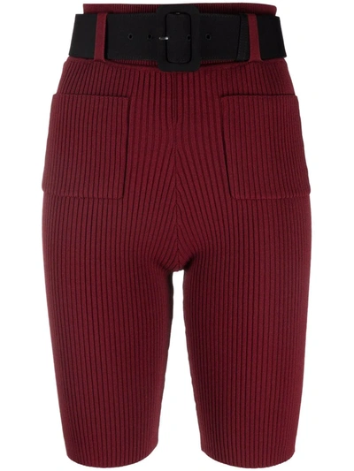 Self-portrait Ribbed-knit Belted Shorts In Rot
