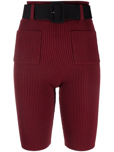 Self-portrait Ribbed-knit Belted Shorts In Red