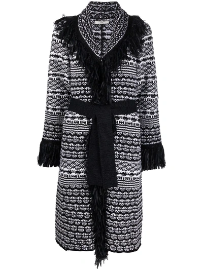 Charlott Fringed Intarsia-knit Cardigan Coat In Black/white