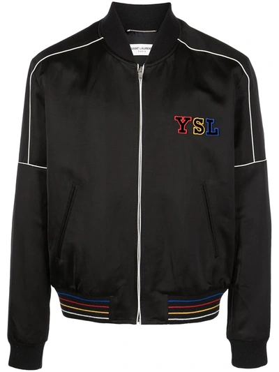 Saint Laurent Embroidered Logo Zipped Bomber Jacket In Noir