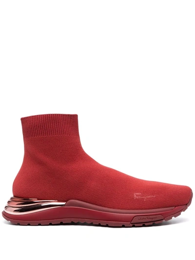 Ferragamo Knitted High-top Sock Sneakers In Red