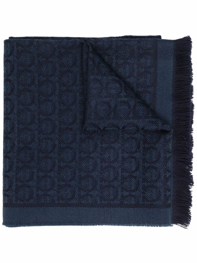 Ferragamo Gancini Pattern Frayed Scarf In Blue