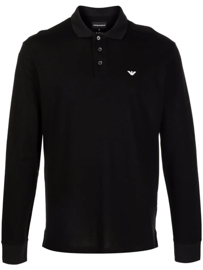 Emporio Armani Embroidered-logo Long-sleeved Polo Shirt In Schwarz