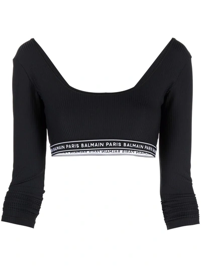 Balmain Cropped Jacquard-trimmed Ribbed Satin-jersey Top In Black