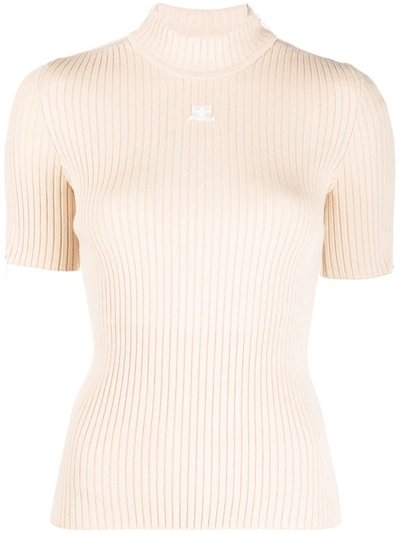Courrèges Embroidered Logo Ribbed Knitted Top In Sand