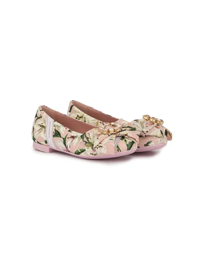 Dolce & Gabbana Teen Floral Print Ballerina Shoes In Pink