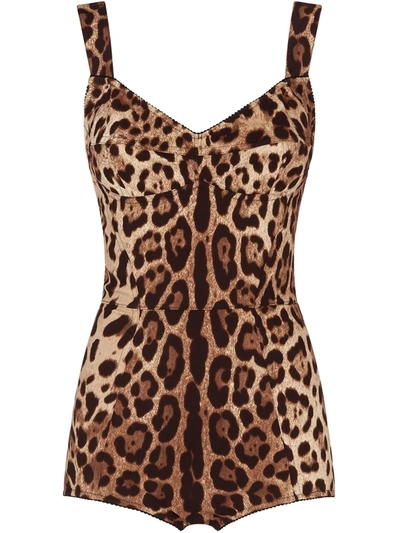 Dolce & Gabbana Leopard-print Charmeuse Bodysuit In Brown