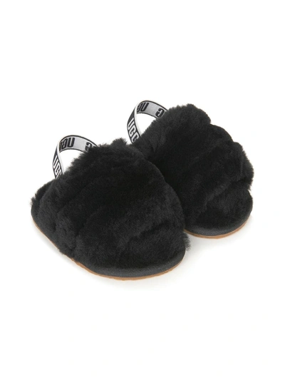 Ugg Babies' Logo织带皮毛一体凉鞋 In Black