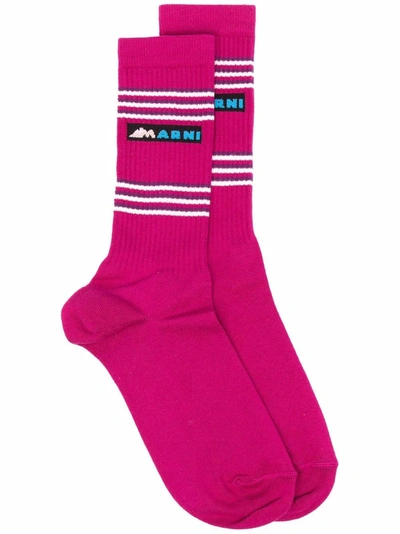 Marni Intarsia-knit Logo Striped Socks In Pink
