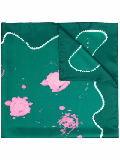 Marni Logo Paint Splatter Silk Scarf In Green