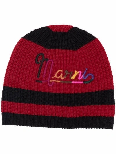 Marni Wool Knit Beanie W/ Embroidered Logo In Black,multi