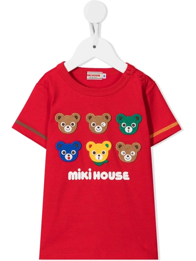 Miki House Babies' Stripe-trim Bear Logo T-shirt In Red