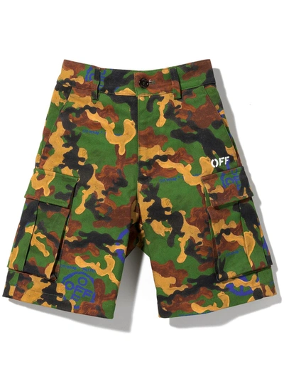 Off-white Kids' Camouflage Print Cargo Shorts In Green