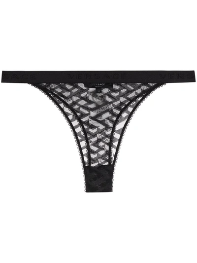 Versace Lace-detail Semi-sheer Thong In Black