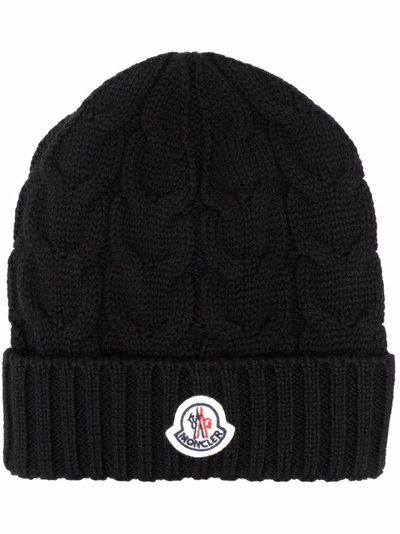 Moncler Kid's Cable-knit Logo Virgin Wool Beanie Hat In Black