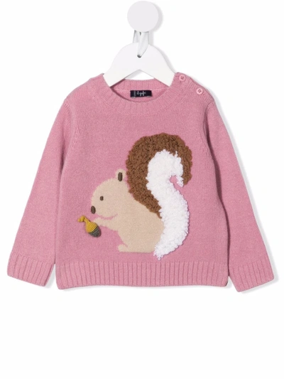Il Gufo Babies' Embroidered Squirrel Knitted Jumper In Pink