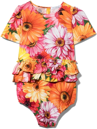Dolce & Gabbana Babies' Floral Pattern Short Sleeve Romper In Yellow