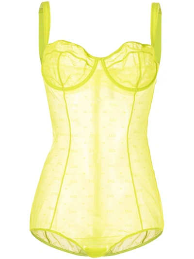 Dolce & Gabbana Dg Heart Embroidered Bodysuit In Yellow