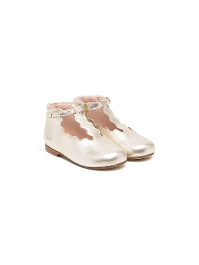 Chloé Babies' Scallop-edge Ballerina Shoes In Gold