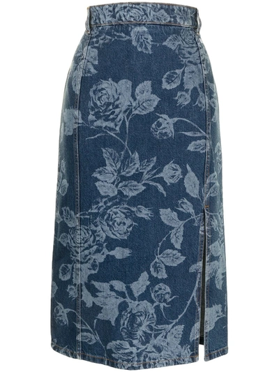 Msgm Floral-print Midi Denim Skirt In Blue